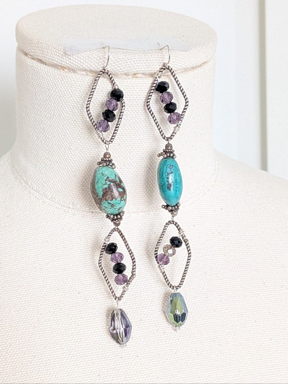 Turquoise Crystal Shoulder Duster Earrings Boho Wire Wrapped
